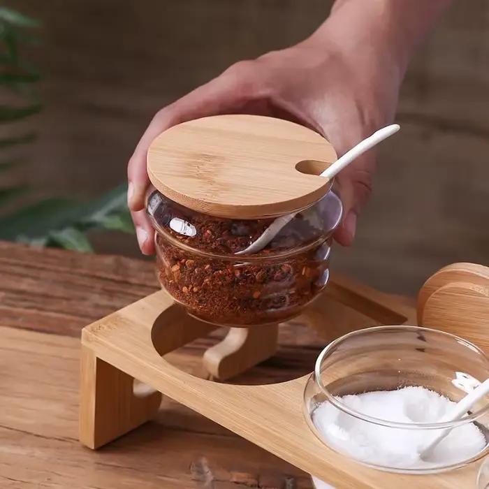 Ensemble de pots à épices en verre hermétique de 6 pièces avec support organisateur en bois