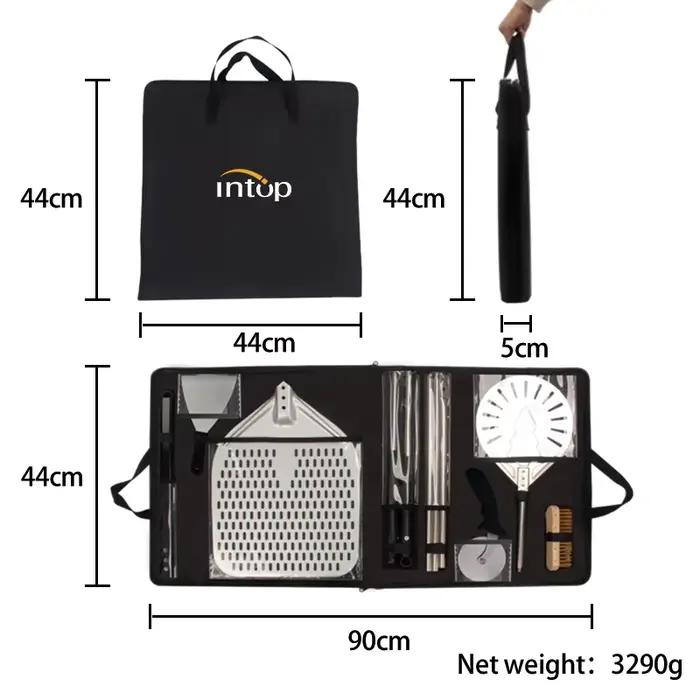 Ensemble d'outils de pizza en métal avec pelle à pizza carrée, brosse à four et sac de transport pour occasions spéciales et usage extérieur