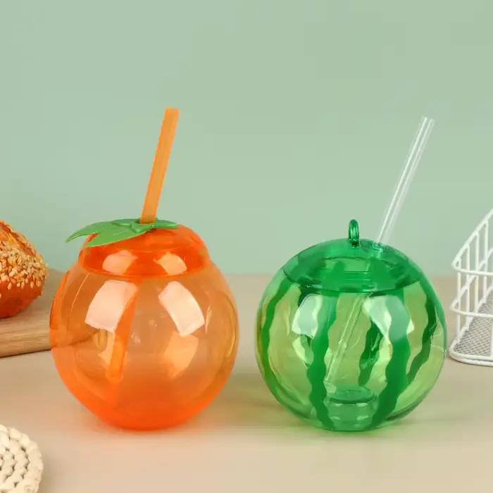 Bouteille de jus fantaisie en forme de fruit avec paille pour la maison et l'extérieur – Orange Pastèque