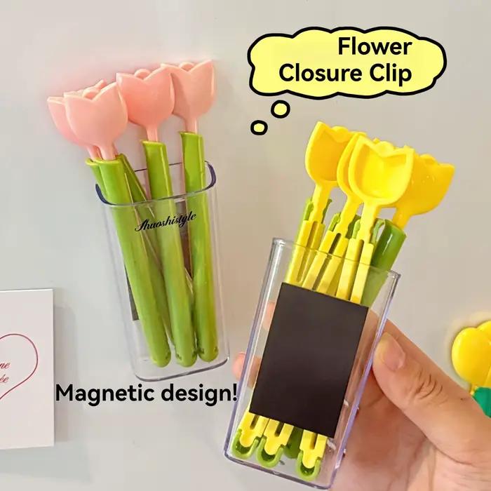 Lot de 5 pinces magnétiques en forme de tulipe, anti-humidité et conservatrices de fraîcheur, outil indispensable pour sceller les sachets de collations