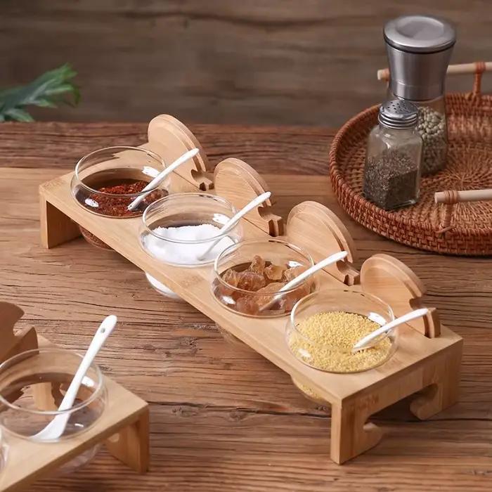 Ensemble de pots à épices en verre hermétique de 6 pièces avec support organisateur en bois