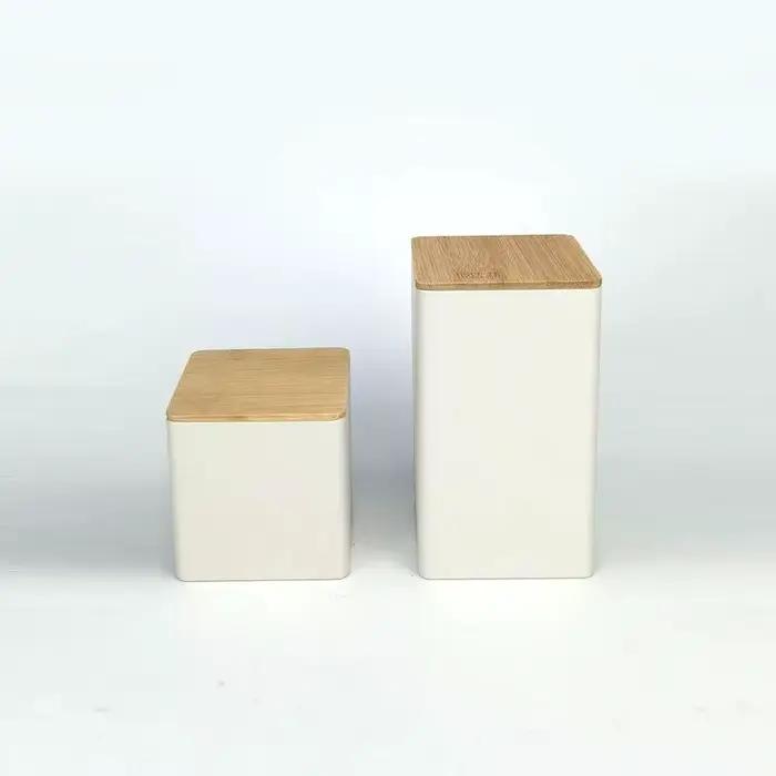 Pot de stockage en fer blanc scellé avec couvercle en bambou