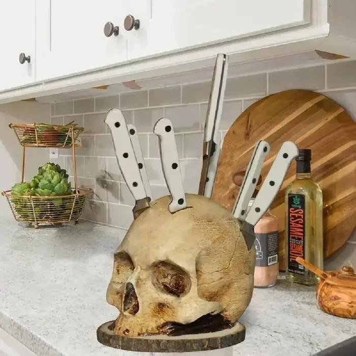 Porte-couteaux tête de mort Seton en résine blanche pour rangement et décoration de cuisine occassions spéciales