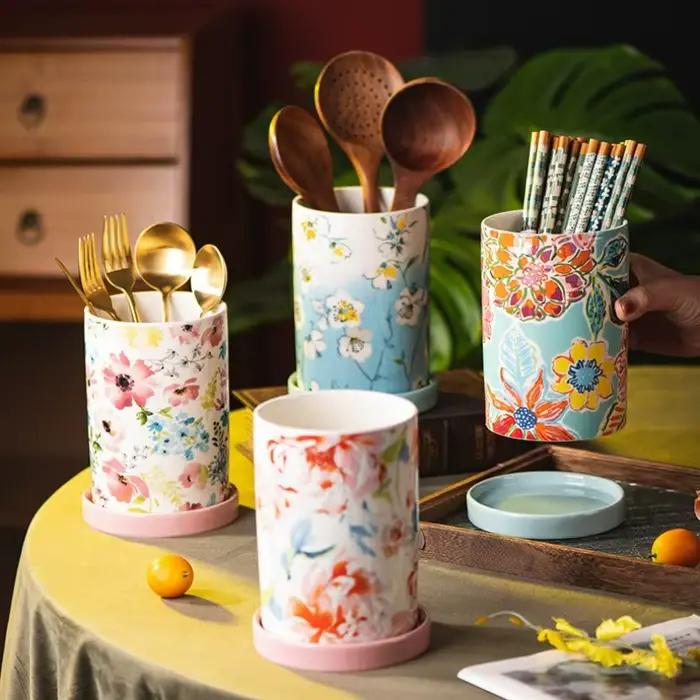 Fournitures de rangement de cuisine en céramique, porte-baril de baguettes, porte-couteau, cuillère et fourchette, pot de rangement de fleurs pour une organisation élégante