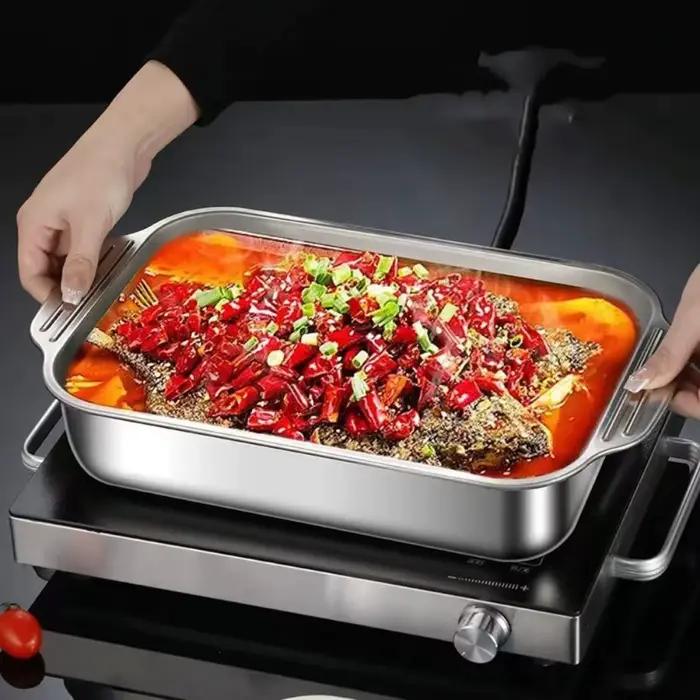 Poêle à poisson grillé en acier inoxydable avec couvercle