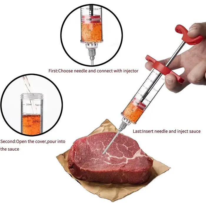Seringue injecteur de marinade avec 3 aiguilles pour kit d'injection de viande et volaille pour barbecue et autres occasions spéciales
