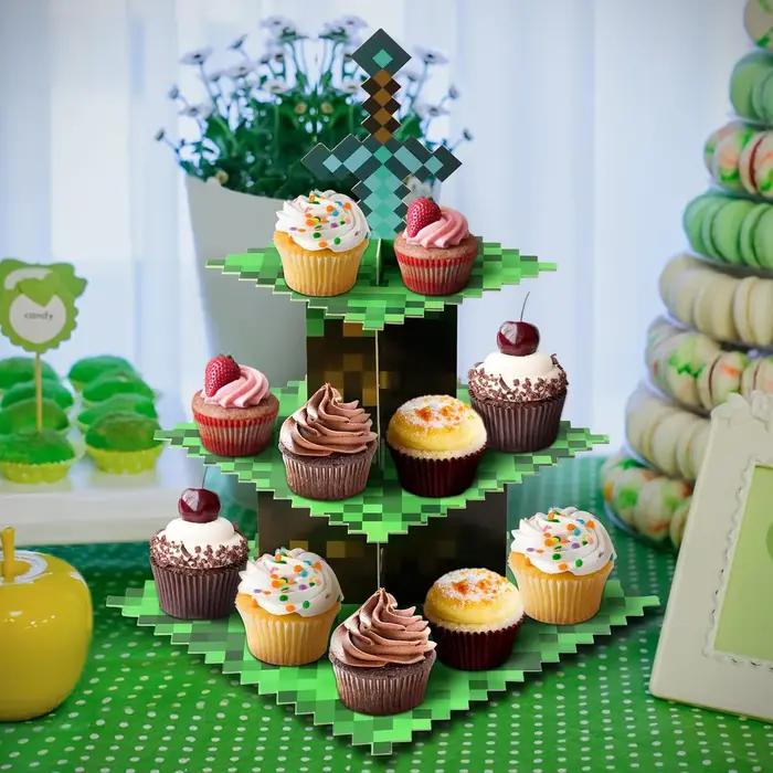 Supports à cupcakes pour jeux de pixels, décorations de fête d'anniversaire, fournitures de cadeaux de fête, support à cupcakes en carton avec Table de garniture
