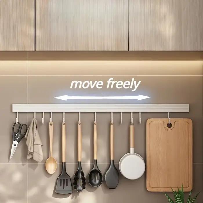 Étagère de rangement murale pour cuisine sans perçage avec crochets mobiles et support pour cuillères