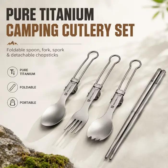 Vaisselle pliante en titane, légère et portable, cuillère, fourchette, couteau en alliage de titane, camping en plein air, randonnée, pique-nique
