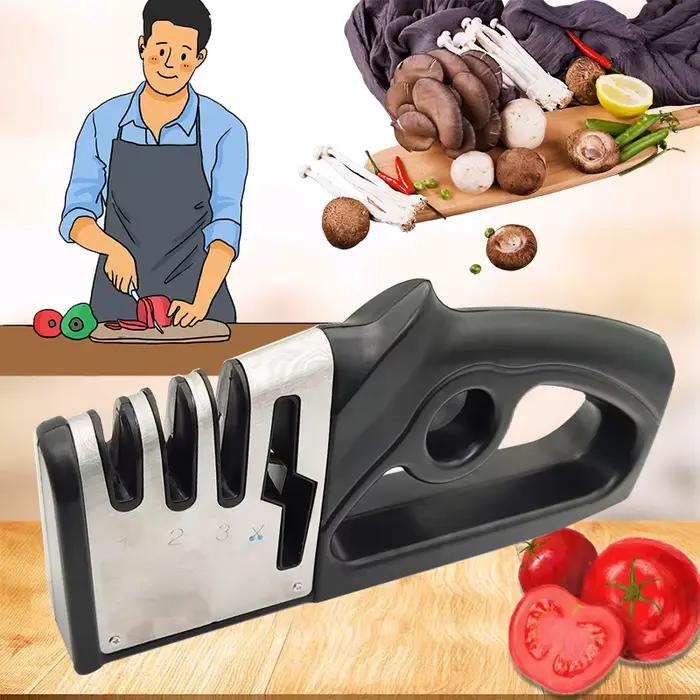 Aiguiseur de couteaux de cuisine 4-en-1, outil d'affûtage manuel professionnel pour couteaux de chef, ciseaux, système d'affûtage et de polissage rapide