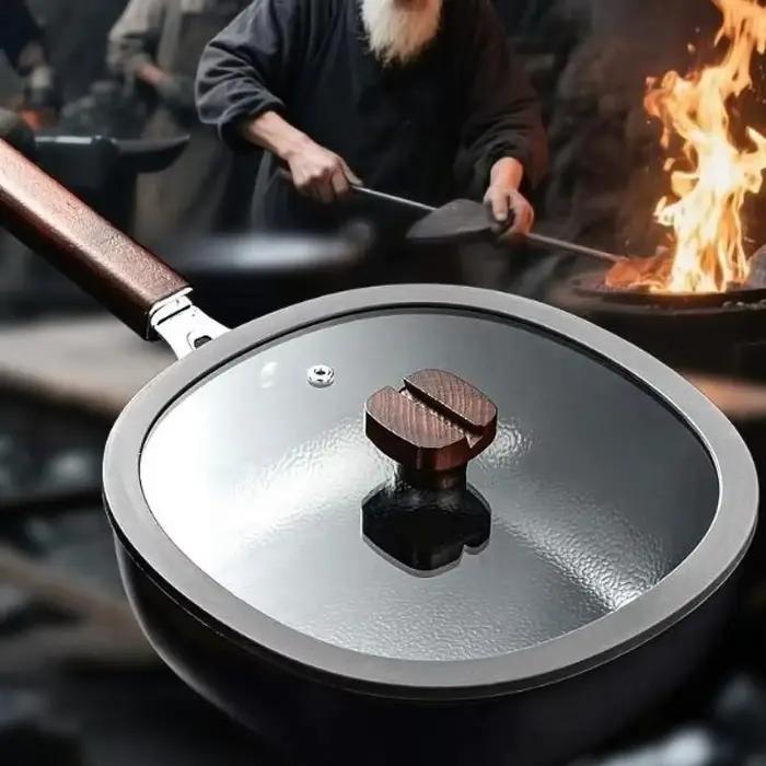 Poêle à frire carrée en fer raffiné universelle, sans revêtement, manche en bois, poêle à frire, mini poêle à fond plat antiadhésive, cuisinière à induction