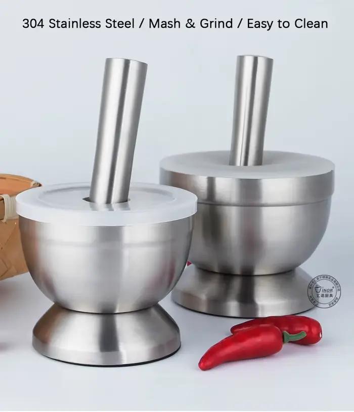 Ensemble de mortier et pilon en acier inoxydable broyeur d'épices pilon de pesto avec couvercle pour cuisiner et préparer des herbes occasions spéciales