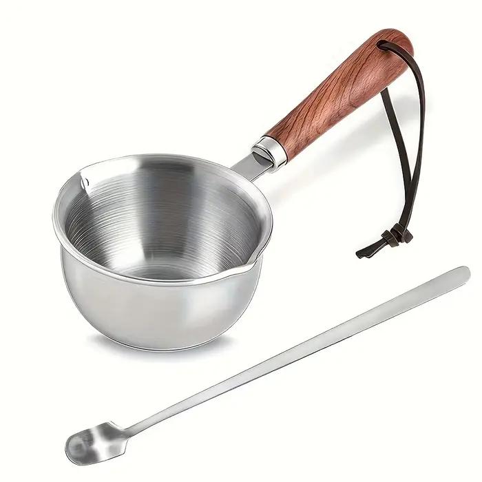 Pot en acier inoxydable 10oz avec manche en bois pour la cuisine et l'artisanat de bricolage et la fusion de la cire de bougie