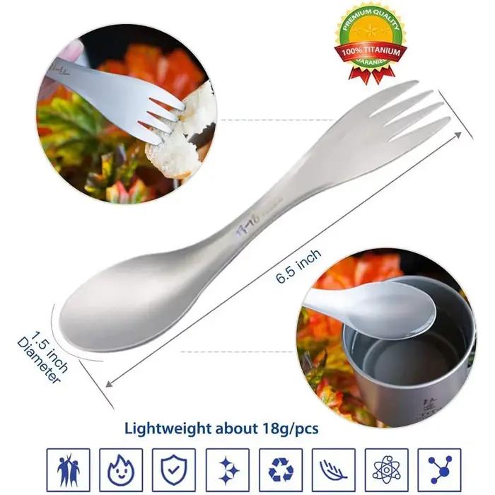 Cuillère Spork 2 en 1 en titane, ustensiles de cuisine ultralégers, fourchette Portable, couteau, Camping en plein air pique-nique voyage, couverts écologiques 2 pièces