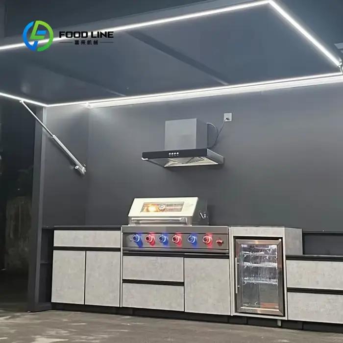 Cuisine extérieure moderne haut de gamme personnalisée, barbecue à gaz 5 brûleurs, évier en acier inoxydable 304, unité de restauration luxueuse pour fêtes de famille