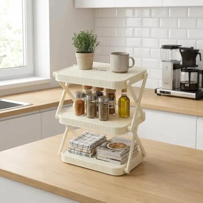 Étagère à plateaux pliable à 3 niveaux, gain de place, support de préparation pliable, support de rangement pour vaisselle multifonctionnel et durable