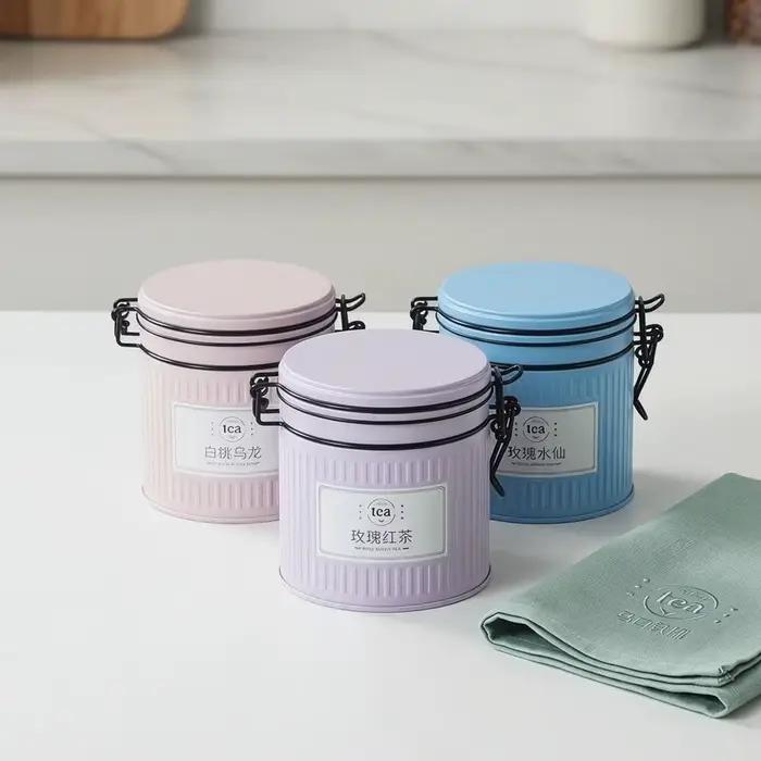 Boîte à thé pratique en fer blanc avec couvercle hermétique, pot de rangement pour thé, boîte à café, pot à bonbons rond, pour le voyage
