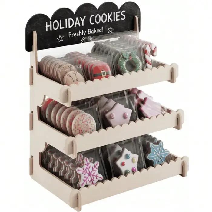 Présentoir à biscuits en bois avec tableau noir pour boulangeries