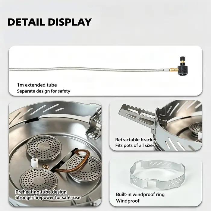 Réchaud de camping portable à gaz, brûleur séparé, tube de préchauffage, 8800W haute puissance, pare-vent, pieds pliables, au butane, pour la randonnée et la pêche