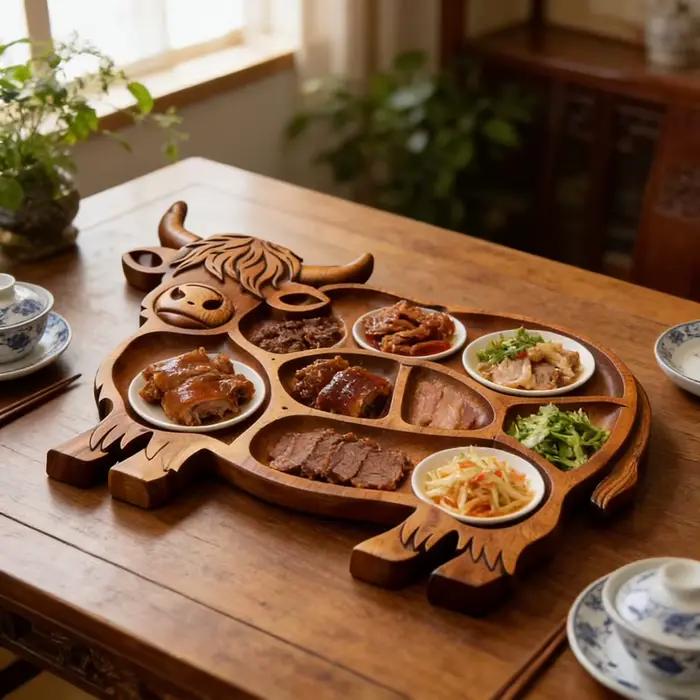 Planche de charcuterie en bois Plateau de fromage de viande de ferme rustique Highland-Cow Design Plateau de service artisanal en bois naturel Prêts de pique-nique