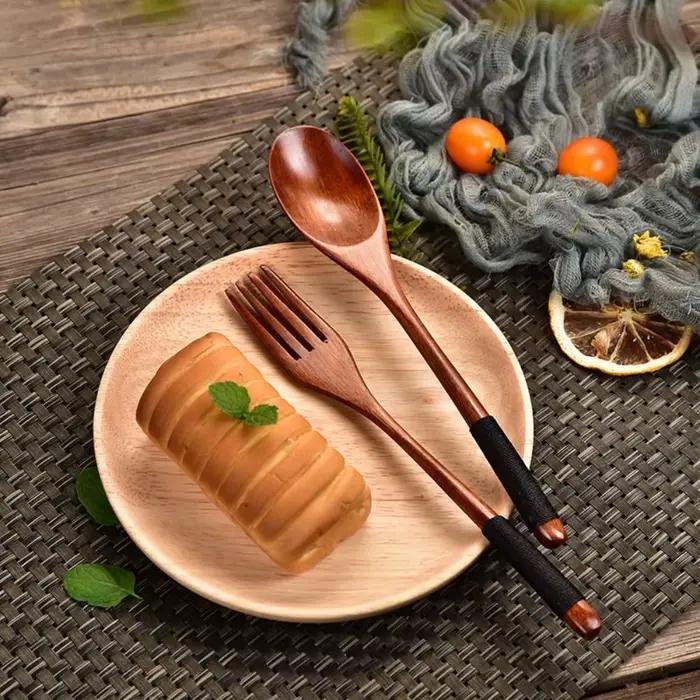 Cuillère et fourchette en bois pour céréales et soupe de riz à la japonaise respectueuses de l'environnement pour petit-déjeuner et cadeaux d'anniversaire