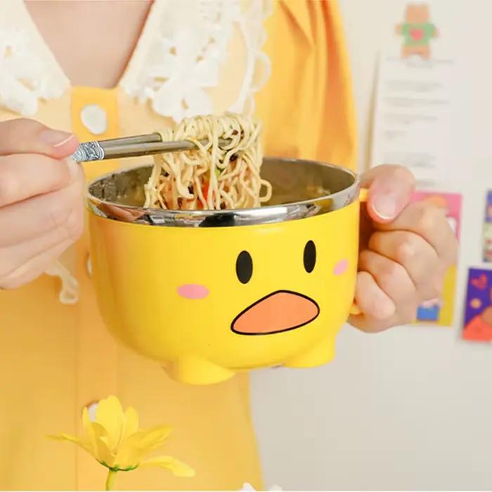 Bol à nouilles Ramen en forme de canard Kawaii, avec couvercle, mignon, cuisine en acier inoxydable, salade instantanée de fruits, soupe de riz, bol Double couche, vaisselle