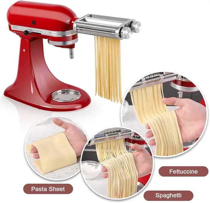 Accessoire pour machine à pâtes 3-en-1 pour batteurs sur socle KitchenAid, rouleau à pâtes avec coupe-spaghetti et coupe-fettuccine, 8 réglages d'épaisseur