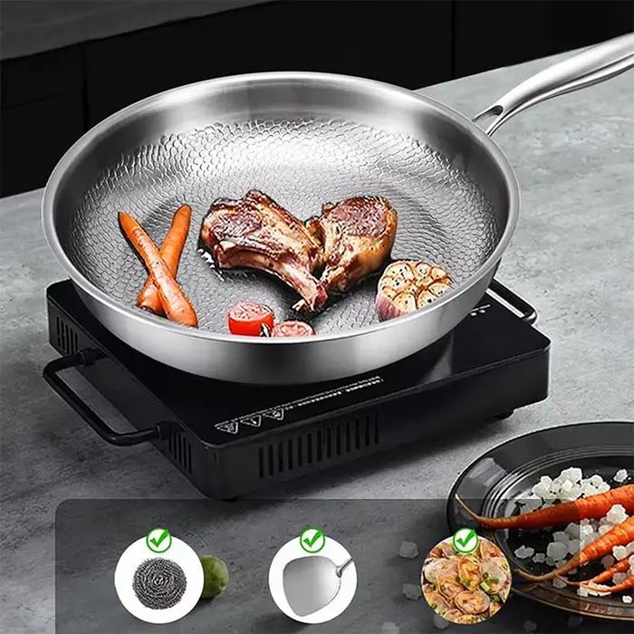 Poêle à frire en acier inoxydable tri-couche 10 11 12 pouces poignées ergonomiques pour cuisine professionnelle et amateurs occasions spéciales