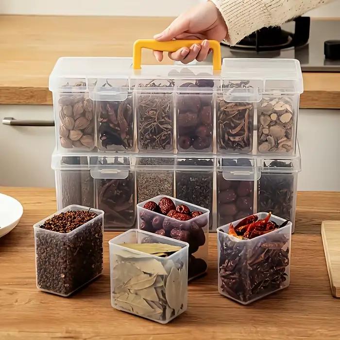 Ensemble de récipients à épices scellés avec couvercle de 7 pièces (1L + 6S) – Pots divisés amovibles en PP résistants aux aliments pour l'organisation des épices, des herbes et de la cuisine