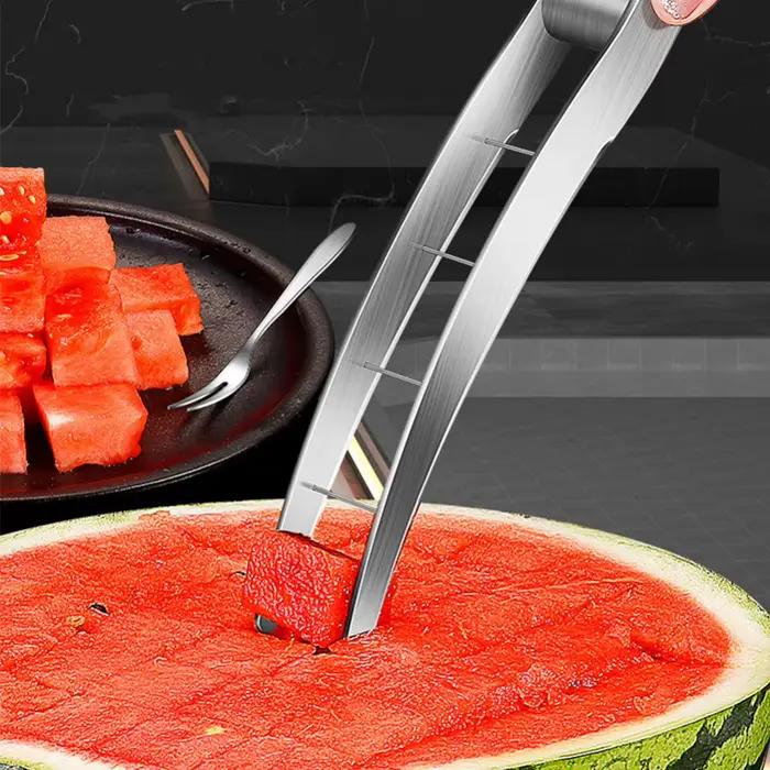 Outils de cuisine en acier inoxydable 304, coupe-fruits manuel pour pastèque, trancheuse à cubes et 6 fourchettes à fruits en acier inoxydable à deux dents