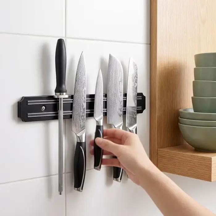 Porte-couteaux magnétique pour cuisine, support mural magnétique pour couteaux, support de rangement magnétique pour couteaux absorbant l'aimant, outil de rangement