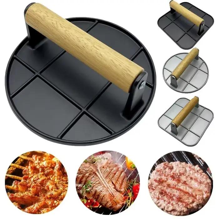 Presse à burger en fonte avec poignée en bois