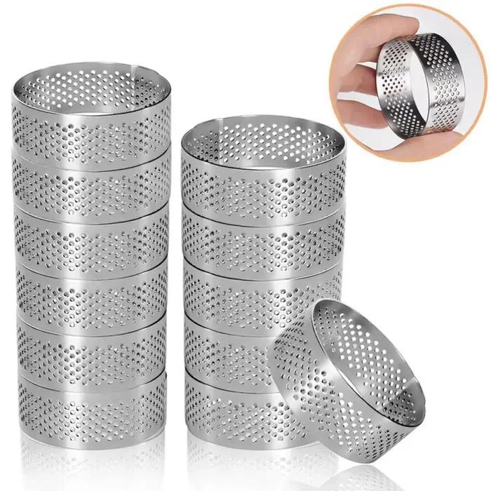 Ensemble de 12 anneaux à tarte ronds en acier inoxydable - Moules perforés pour mousses et desserts, emporte-pièces, moules à tarte aux fruits