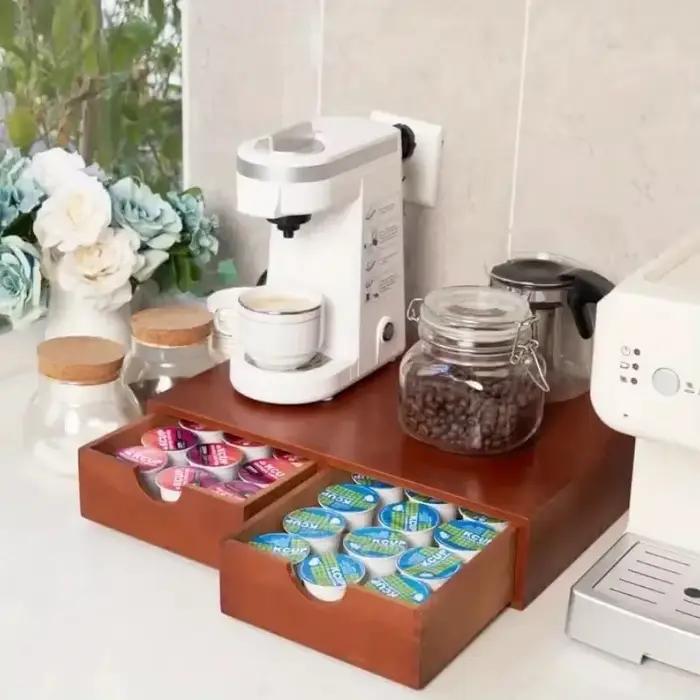 Boîte de rangement en bois pour café – Rangement à tiroirs pour dosettes K-Cup, capsules de thé et Nespresso – Support compact pour comptoir pour une cuisine sans désordre