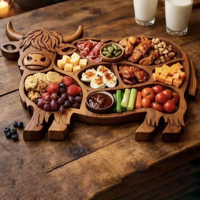 Planche à charcuterie en bois naturel motif vache des Highlands plateau rustique pour service de fromage fruit et amuse-gueules occasions spéciales et quotidienne