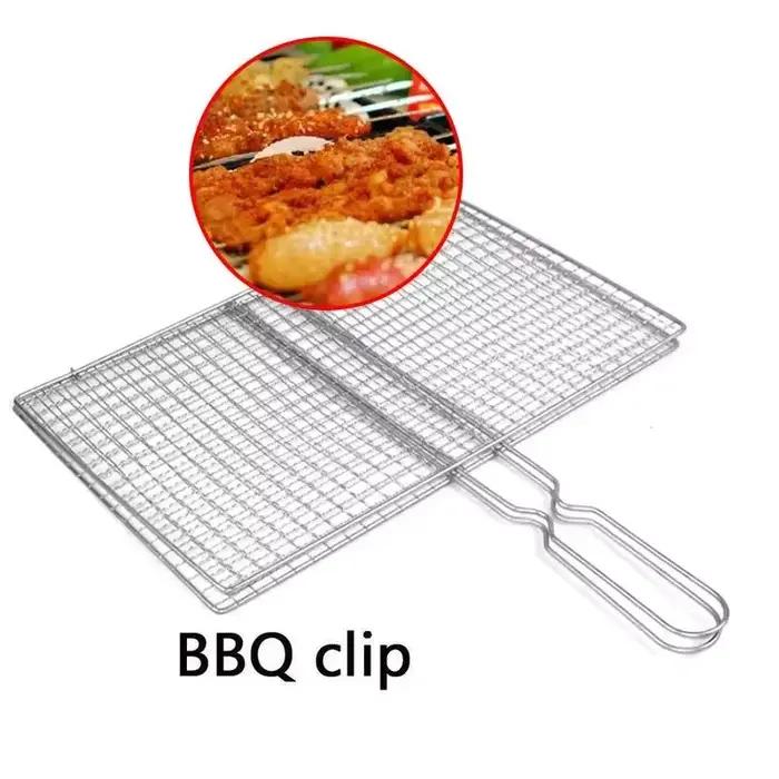 Accessoires de barbecue en plein air, filet de gril en acier pour viande, bacon, poisson, panier à grillades antiadhésif avec poignée en métal
