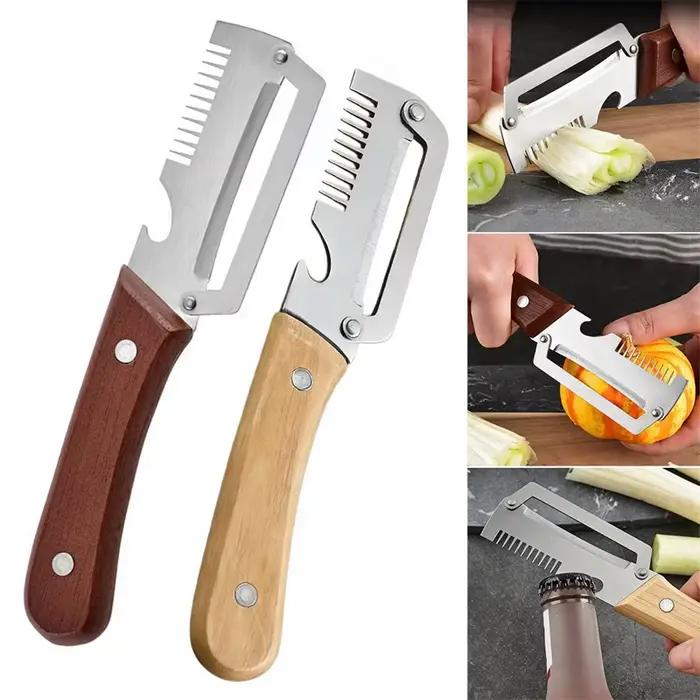 Couteau à éplucher 2-en-1 ergonomique avec manche en bois
