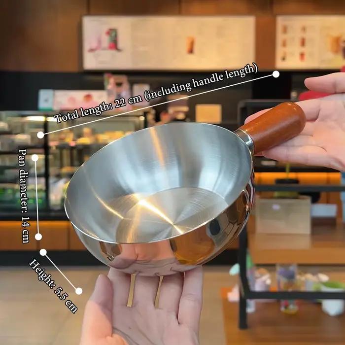 ● Casserole à lait en acier inoxydable avec poignée en bois, casserole compacte, adaptée pour faire frire des œufs et réchauffer le lait