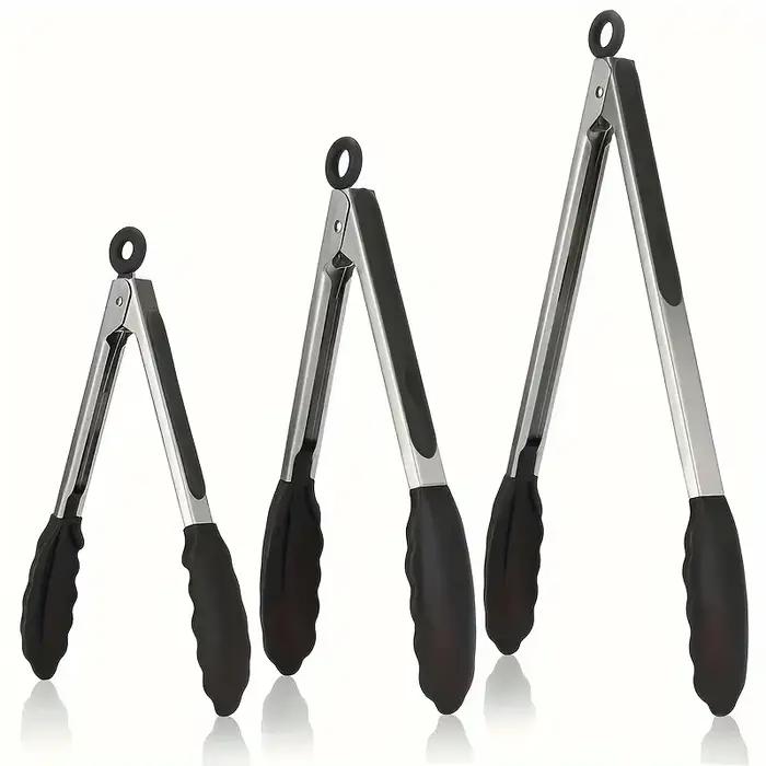 Pinces de cuisine robustes en acier inoxydable avec embouts en silicone, résistantes aux hautes températures, design verrouillable, prise en main sécurisée, disponibles en 3 tailles
