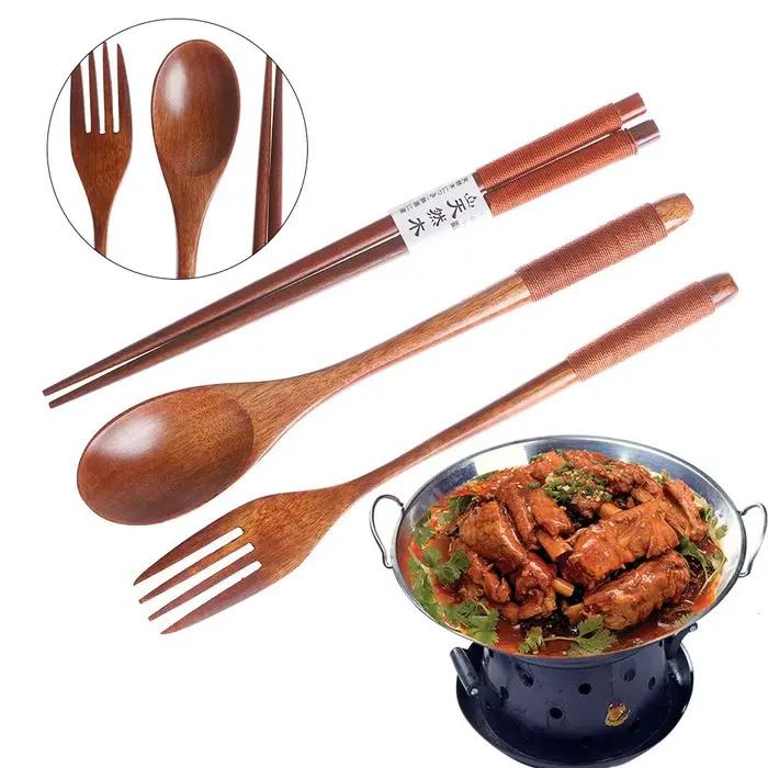 Couverts en bois de Style japonais, cuillères, fourchettes, baguettes, vaisselle Portable, vaisselle de voyage, costume avec paquet de tissu, cadeau d'anniversaire