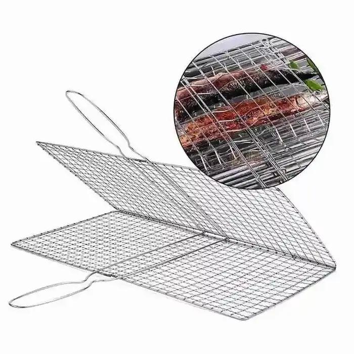 Accessoires de barbecue en plein air, filet de gril en acier pour viande, bacon, poisson, panier à grillades antiadhésif avec poignée en métal