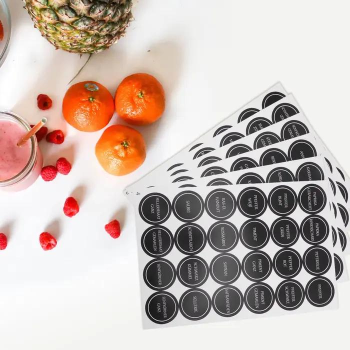 Étiquettes Adhésives Rondes Noires pour Bouteilles d'Épices, Conteneurs de Garde-Manger et Pots de Conserve - Organisation de Cuisine Minimaliste