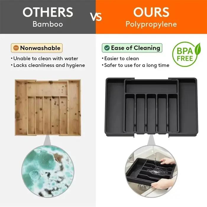 Organisateur de tiroir à couverts réglable en plastique PP sans BPA pour rangement de cuisine, bureau, salle de bain et matériel de loisirs créatifs
