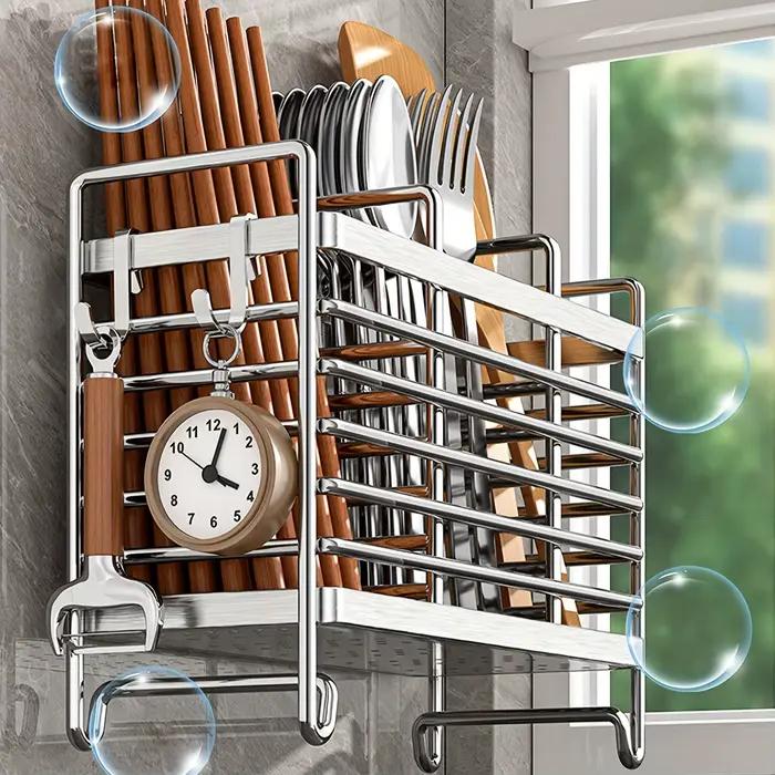 Porte-ustensiles mural gain de place acier inoxydable multifonctional avec bac d'égouttage et crochets pour cuisine moderne et organisée