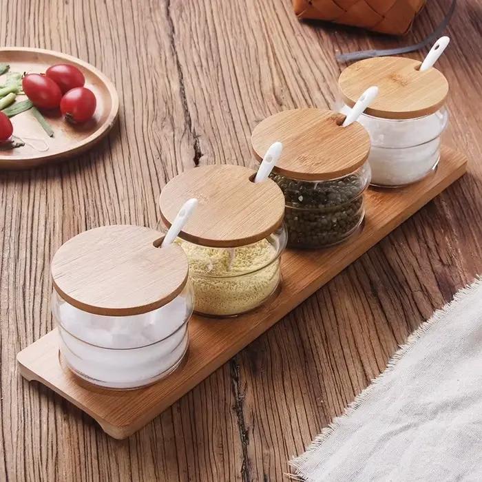 Ensemble de pots à épices en verre hermétique de 6 pièces avec support organisateur en bois
