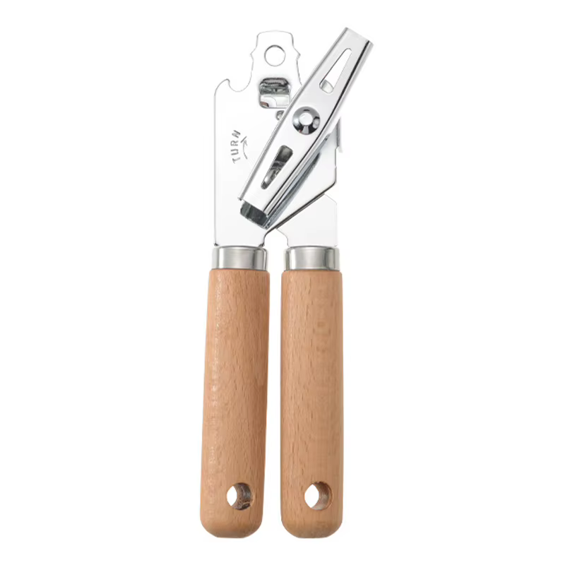 Ouvre-boîte manuel ergonomique professionnel en acier inoxydable, avec manche en bois, ouvre-bocal à