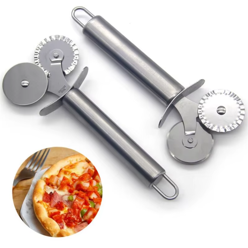 Couteau à pizza à double rouleau en acier inoxydable, coupe-pâtes, dentelle ronde, roue à pizza, cou
