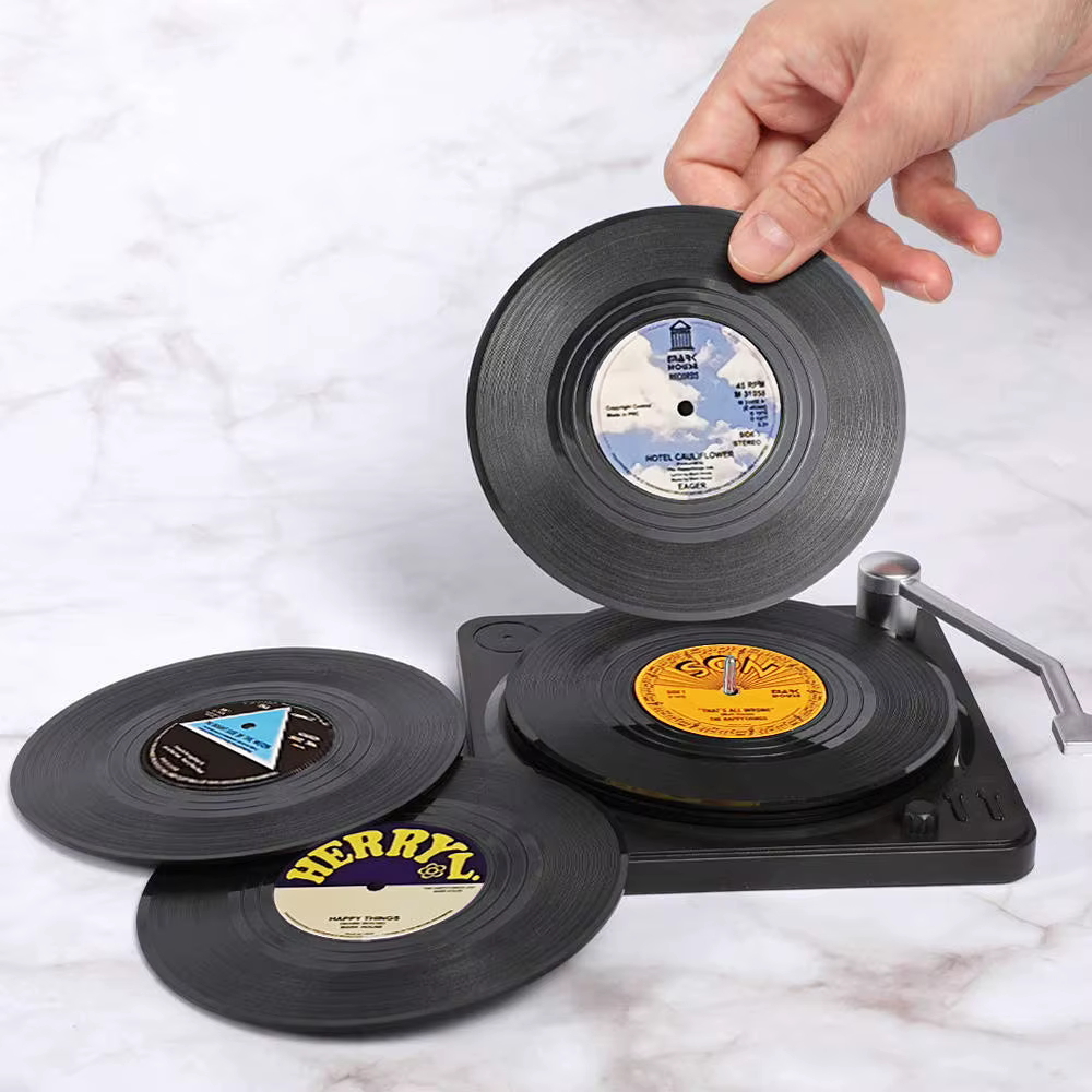 Ensemble de 6 sous-verres en vinyle pour boissons, sous-verres de musique avec support pour lecteur 