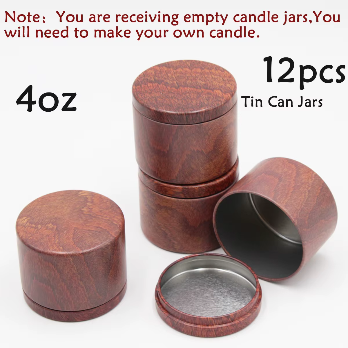Pots en étain de Grain de bois de poire rouge de 8oz, 12 pièces, avec couvercles, durables et réutil