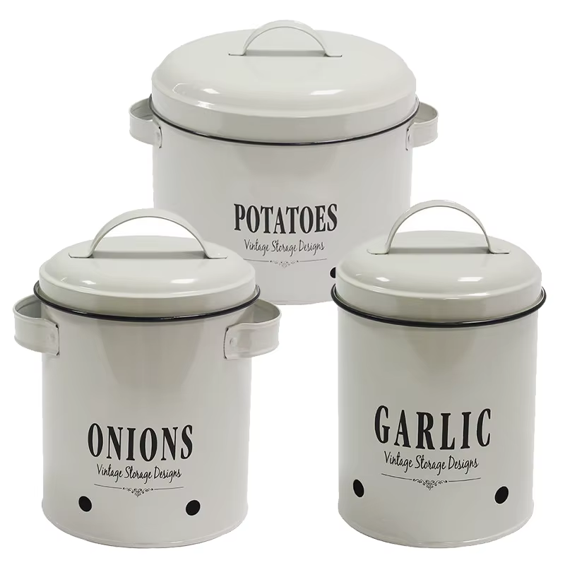 3 Ensembles de Contenants de Rangement en Métal avec Couvercles pour Pommes de Terre, Oignons, Ail –